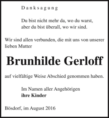 Traueranzeige von Brunhilde Gerloff  von Magdeburger Volksstimme