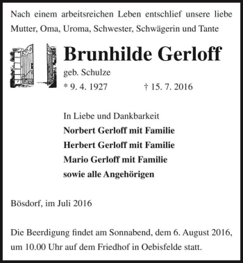 Traueranzeige von Brunhilde Gerloff (geb. Schulze)  von Magdeburger Volksstimme