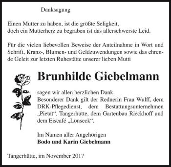 Traueranzeige von Brunhilde Giebelmann  von Magdeburger Volksstimme