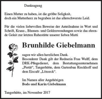 Traueranzeige von Brunhilde Giebelmann  von Magdeburger Volksstimme