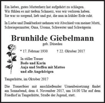 Traueranzeige von Brunhilde Giebelmann (geb. Düsedau)  von Magdeburger Volksstimme