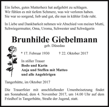 Traueranzeige von Brunhilde Giebelmann (geb. Düsedau)  von Magdeburger Volksstimme
