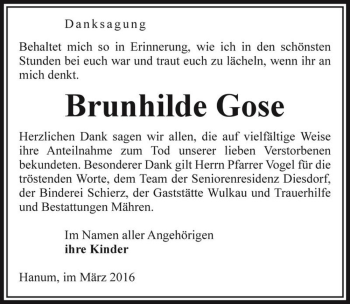 Traueranzeige von Brunhilde Gose  von Magdeburger Volksstimme