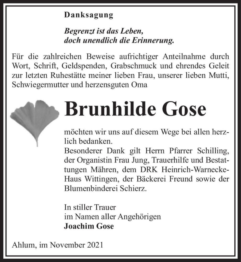  Traueranzeige für Brunhilde Gose  vom 27.11.2021 aus Magdeburger Volksstimme