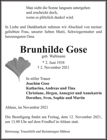 Traueranzeige von Brunhilde Gose (geb. Wallmann)  von Magdeburger Volksstimme