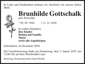 Traueranzeige von Brunhilde Gottschalk (geb. Poerschke)  von Magdeburger Volksstimme
