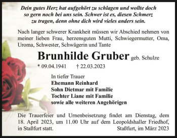 Traueranzeige von Brunhilde Gruber (geb. Schulze)  von Magdeburger Volksstimme