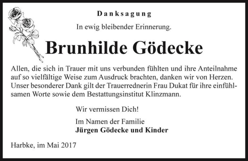  Traueranzeige für Brunhilde Gödecke  vom 13.05.2017 aus Magdeburger Volksstimme