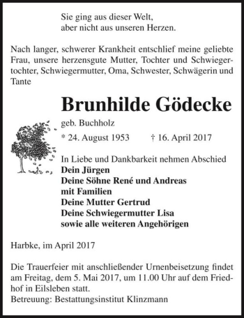 Traueranzeige von Brunhilde Gödecke (geb. Buchholz)  von Magdeburger Volksstimme