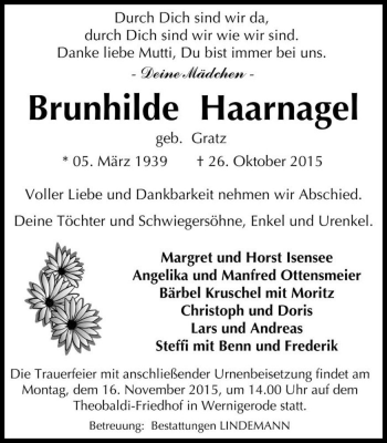 Traueranzeige von Brunhilde Haarnagel (geb. Gratz)  von Magdeburger Volksstimme