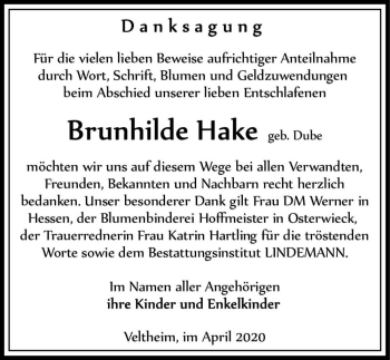 Traueranzeige von Brunhilde Hake (geb. Dube)  von Magdeburger Volksstimme