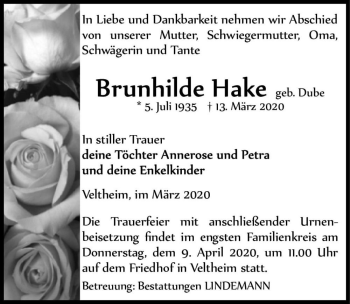 Traueranzeige von Brunhilde Hake (geb. Dube)  von Magdeburger Volksstimme