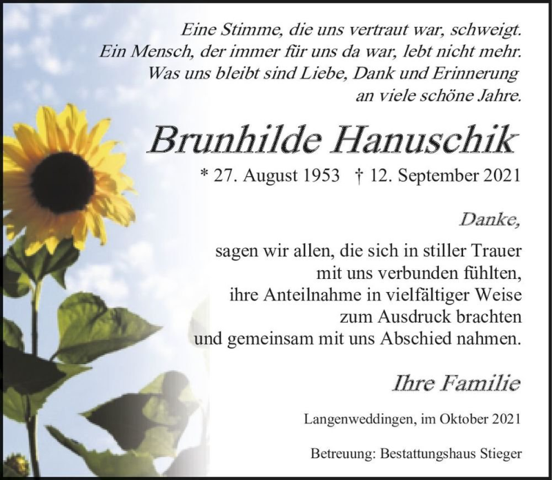  Traueranzeige für Brunhilde Hanuschik  vom 23.10.2021 aus Magdeburger Volksstimme