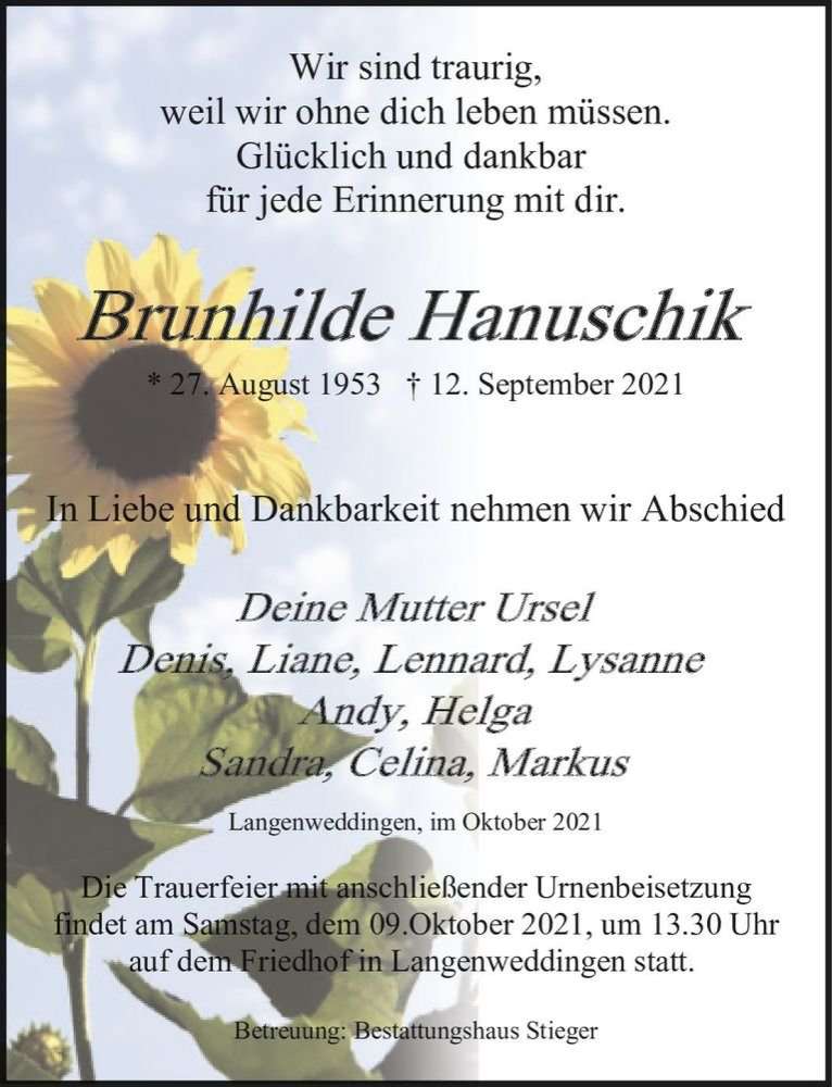  Traueranzeige für Brunhilde Hanuschik  vom 02.10.2021 aus Magdeburger Volksstimme