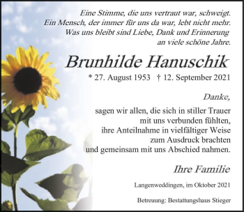 Traueranzeige von Brunhilde Hanuschik  von Magdeburger Volksstimme