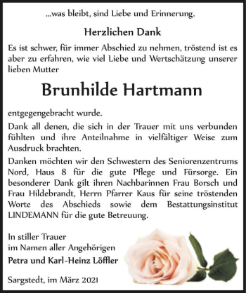 Traueranzeige von Brunhilde Hartmann  von Magdeburger Volksstimme