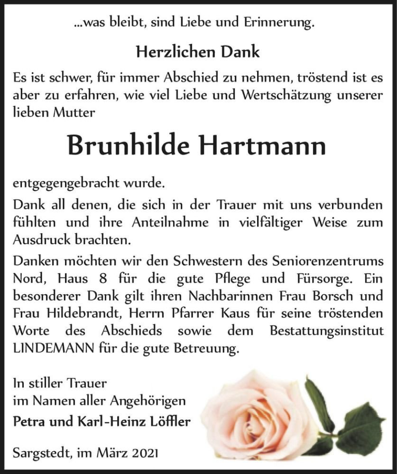  Traueranzeige für Brunhilde Hartmann  vom 27.03.2021 aus Magdeburger Volksstimme