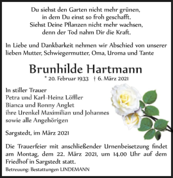 Traueranzeige von Brunhilde Hartmann  von Magdeburger Volksstimme