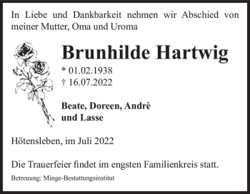 Traueranzeige von Brunhilde Hartwig  von Magdeburger Volksstimme