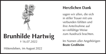 Traueranzeige von Brunhilde Hartwig  von Magdeburger Volksstimme