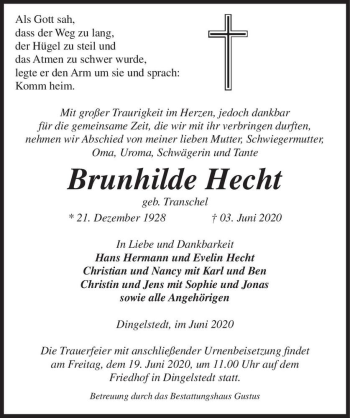 Traueranzeige von Brunhilde Hecht (geb. Transchel)  von Magdeburger Volksstimme