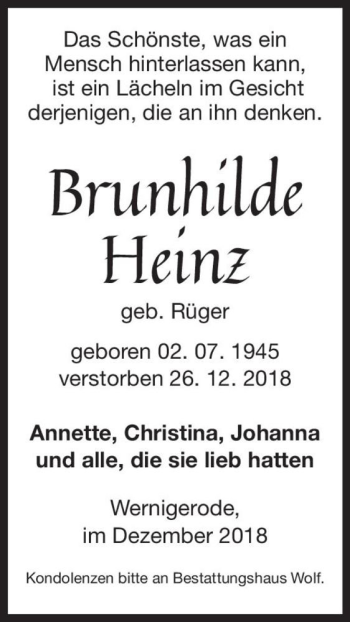 Traueranzeige von Brunhilde Heinz (geb. Rüger)  von Magdeburger Volksstimme