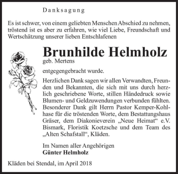 Traueranzeige von Brunhilde Helmholz (geb. Mertens)  von Magdeburger Volksstimme