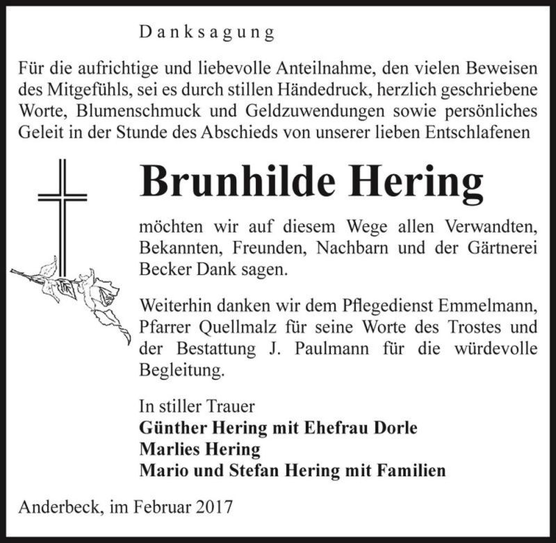  Traueranzeige für Brunhilde Hering  vom 25.02.2017 aus Magdeburger Volksstimme