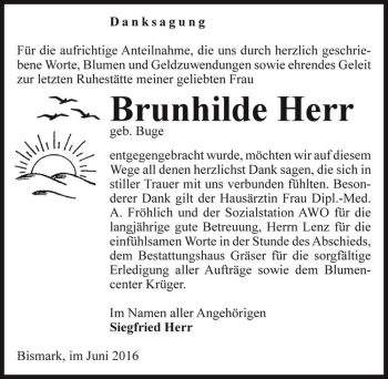 Traueranzeige von Brunhilde Herr (geb. Buge)  von Magdeburger Volksstimme