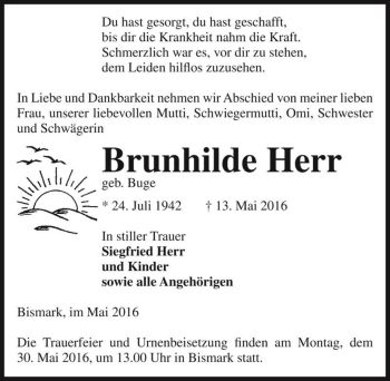 Traueranzeige von Brunhilde Herr (geb. Buge)  von Magdeburger Volksstimme