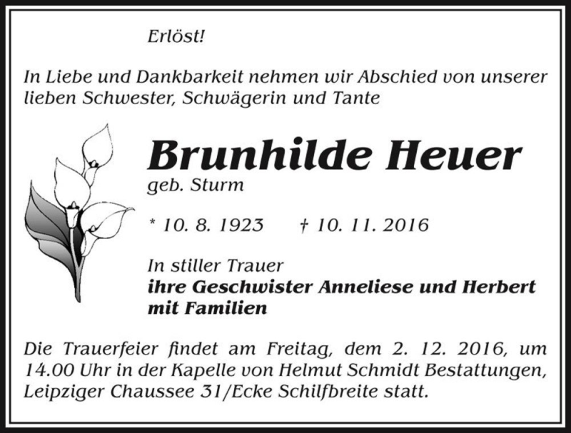  Traueranzeige für Brunhilde Heuer (geb. Sturm)  vom 26.11.2016 aus Magdeburger Volksstimme