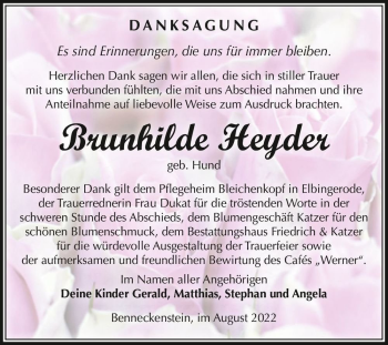 Traueranzeige von Brunhilde Heyder (geb. Hund)  von Magdeburger Volksstimme