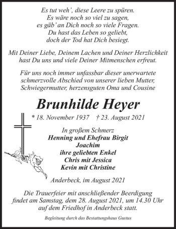 Traueranzeige von Brunhilde Heyer  von Magdeburger Volksstimme