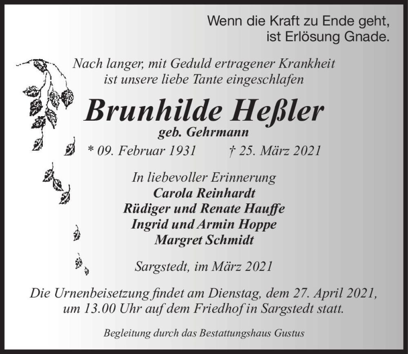  Traueranzeige für Brunhilde Heßler (geb. Gehrmann)  vom 03.04.2021 aus Magdeburger Volksstimme