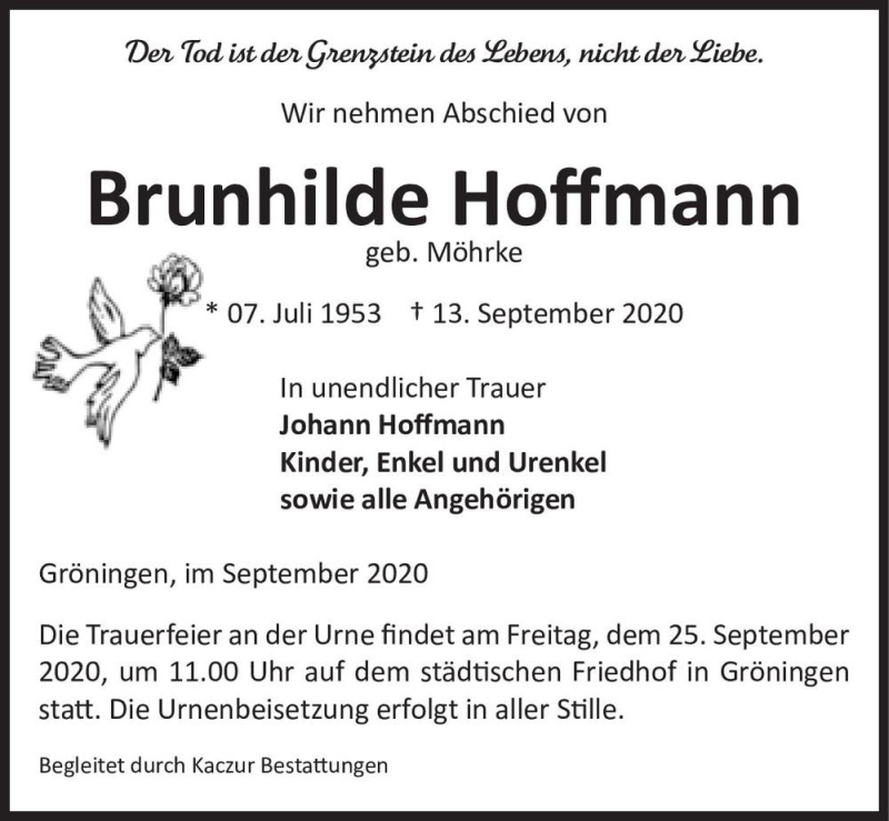  Traueranzeige für Brunhilde Hoffmann (geb. Möhrke)  vom 16.09.2020 aus Magdeburger Volksstimme