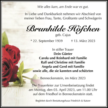 Traueranzeige von Brunhilde Höfchen (geb. Cajus)  von Magdeburger Volksstimme