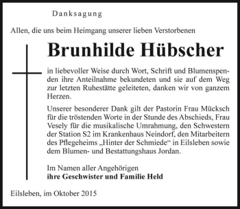 Traueranzeige von Brunhilde Hübscher  von Magdeburger Volksstimme