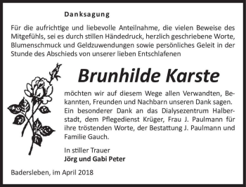 Traueranzeige von Brunhilde Karste  von Magdeburger Volksstimme