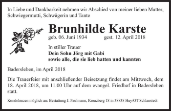 Traueranzeige von Brunhilde Karste  von Magdeburger Volksstimme