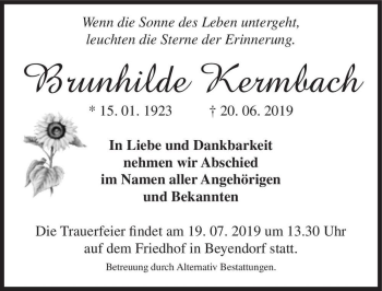 Traueranzeige von Brunhilde Kermbach  von Magdeburger Volksstimme