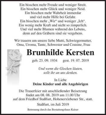 Traueranzeige von Brunhilde Kersten  von Magdeburger Volksstimme
