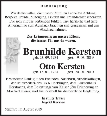 Traueranzeige von Brunhilde Kersten  von Magdeburger Volksstimme