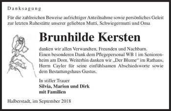Traueranzeige von Brunhilde Kersten  von Magdeburger Volksstimme