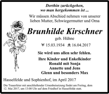 Traueranzeige von Brunhilde Kirschner (geb. Hühne)  von Magdeburger Volksstimme