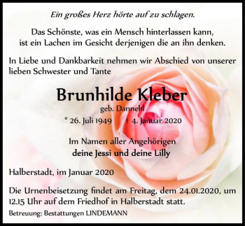 Traueranzeige von Brunhilde Kleber (geb. Dannehl)  von Magdeburger Volksstimme