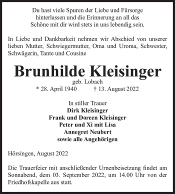 Traueranzeige von Brunhilde Kleisinger (geb. Lobach)  von Magdeburger Volksstimme