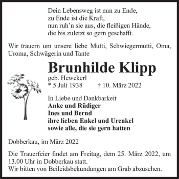Traueranzeige von Brunhilde Klipp (geb. Hewekerl)  von Magdeburger Volksstimme