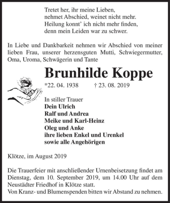 Traueranzeige von Brunhilde Koppe  von Magdeburger Volksstimme