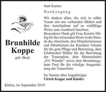 Traueranzeige von Brunhilde Koppe (geb. Bock)  von Magdeburger Volksstimme
