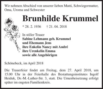 Traueranzeige von Brunhilde Krummel  von Magdeburger Volksstimme
